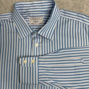 Charles Tyrwhitt Dress Shirt Mens 19/37 Teal/Blue Stripe Button Up Long Sleeve